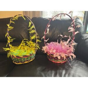 Lot of 2 Easter Baskets with Garland & Grass Pink Yellow Purple